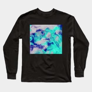 Abstract colorful background with hand-painted frozen texture. Watercolor blue-turquoise-grey painting with splashes, drops of paint, paint smears. Design for the fabric, wallpaper, cover, packaging. Long Sleeve T-Shirt